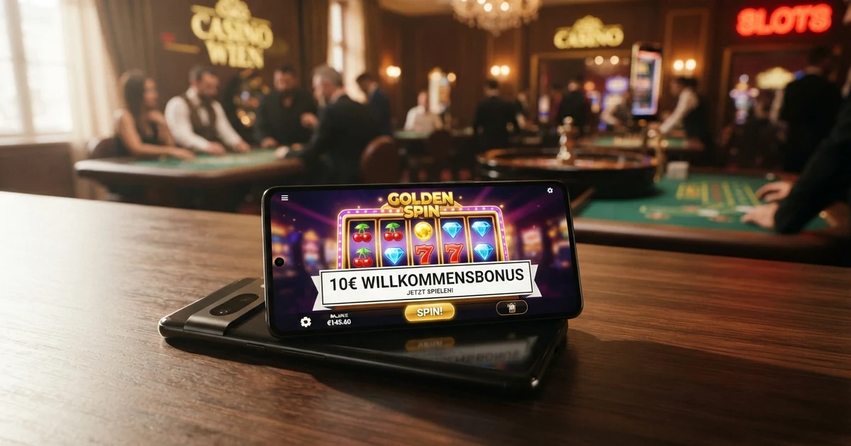 Mehrere Casino-Willkommensboni auf einem Bildschirm, im Vordergrund ein leuchtendes 10-Euro-Schild zwischen Münzen und Glückssymbolen