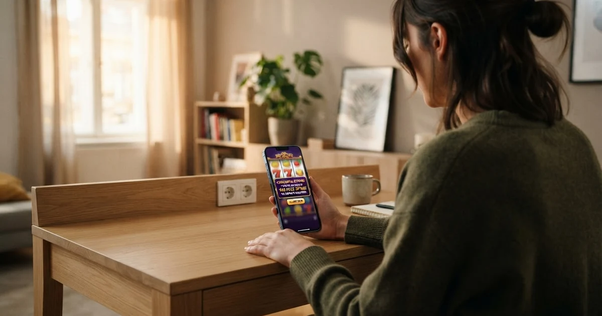 100 Freispiele ohne Einzahlung auf einem Smartphone-Bildschirm mit Casino-Slots im Hintergrund, überlagert von einem durchgestrichenen „Gratis“-Schriftzug