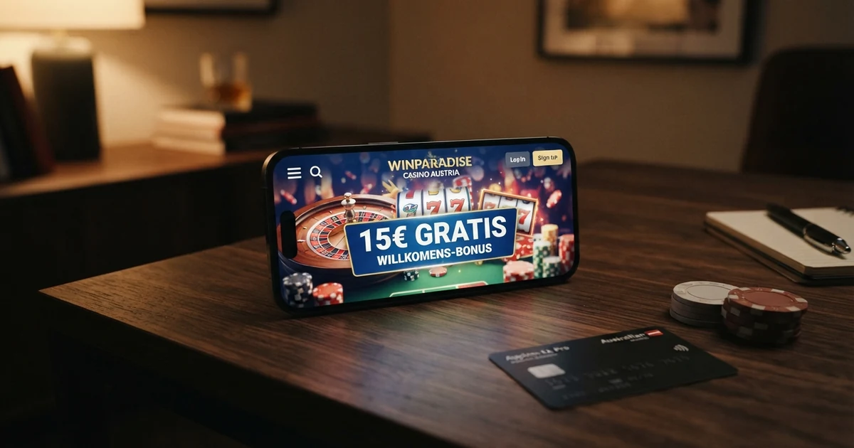 Eine Nahaufnahme eines Smartphone-Bildschirms mit einer Casino-Willkommensseite, die ein 15-Euro-Startguthaben bewirbt, vor einem dunklen Hintergrund mit dezenten Glücksspiel-Elementen