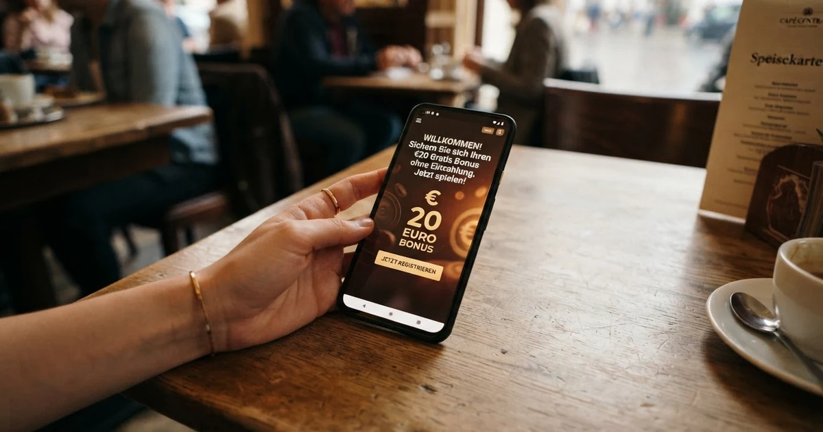 Smartphone mit geöffneter Casino-App und einem 20-Euro-Bonusangebot auf dem Bildschirm