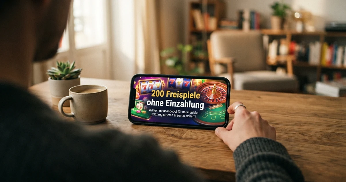 Startbildschirm eines Online-Casinos mit der Einblendung „200 Freispiele“ als Willkommensangebot