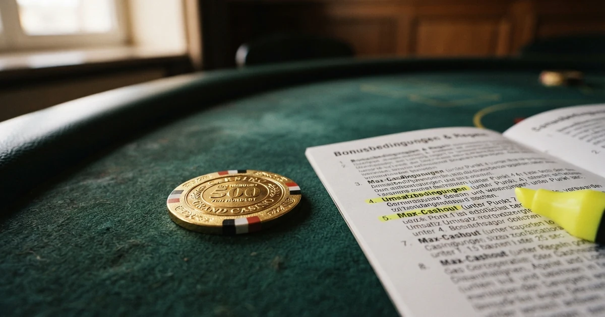 Ein goldener Casino-Chip mit der Prägung „30 €“ auf dunkelgrünem Filz, daneben ein aufgeschlagenes Kleingedrucktes mit markierten Umsatzbedingungen