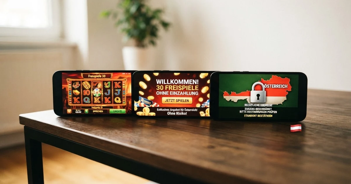 Drei Smartphones zeigen Casino-Willkommensbildschirme mit Freispiel-Angeboten auf Deutsch, eines davon mit einem geschlossenen Vorhängeschloss-Symbol für den österreichischen Markt