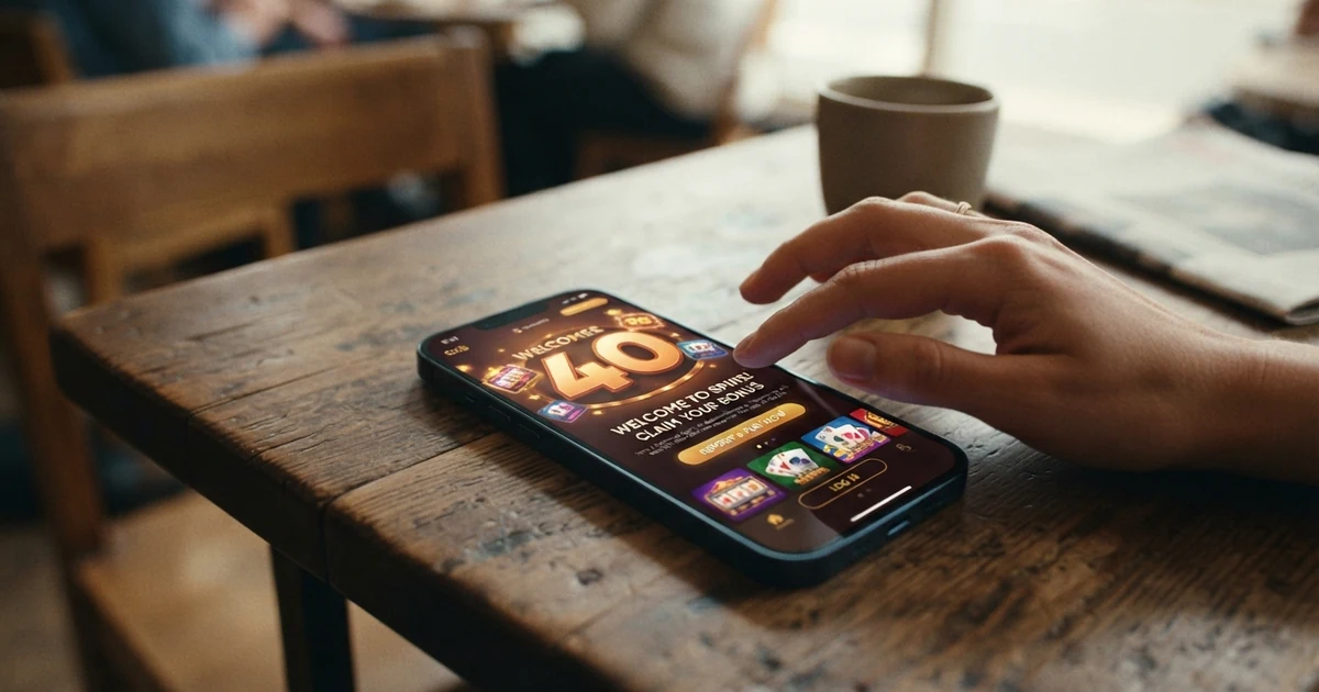 Ein Smartphone mit geöffneter Casino-App, auf dem ein Willkommensbonus-Angebot mit der Zahl 40 eingeblendet ist, daneben ein Kleingedrucktes-Symbol