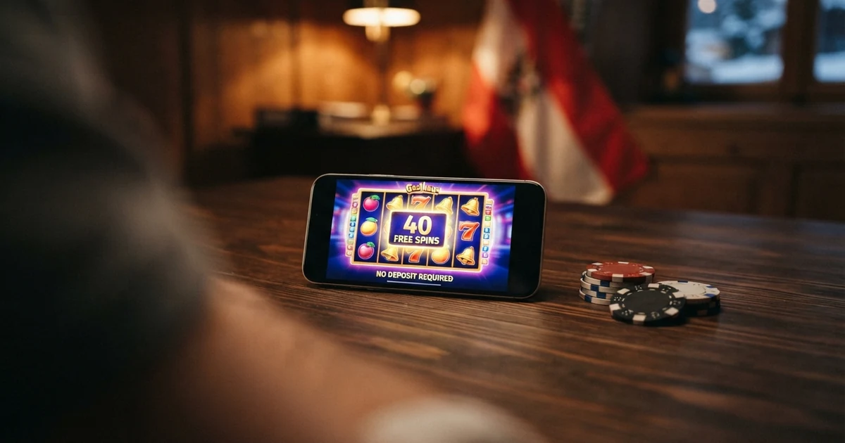 Ein Stapel Spielchips neben einem Smartphone mit geöffneter Casino-App, im Hintergrund eine österreichische Flagge