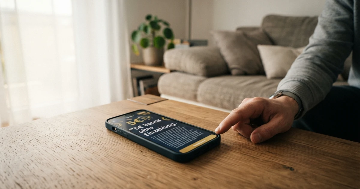 Eine Nahaufnahme eines Smartphone-Bildschirms mit einem Casino-Willkommensbonus-Popup, auf dem „5€ Bonus ohne Einzahlung“ und darunter kleingedruckte Bonusbedingungen zu sehen sind — der Kontrast zwischen Werbeversprechen und Kleingedrucktem im Fokus