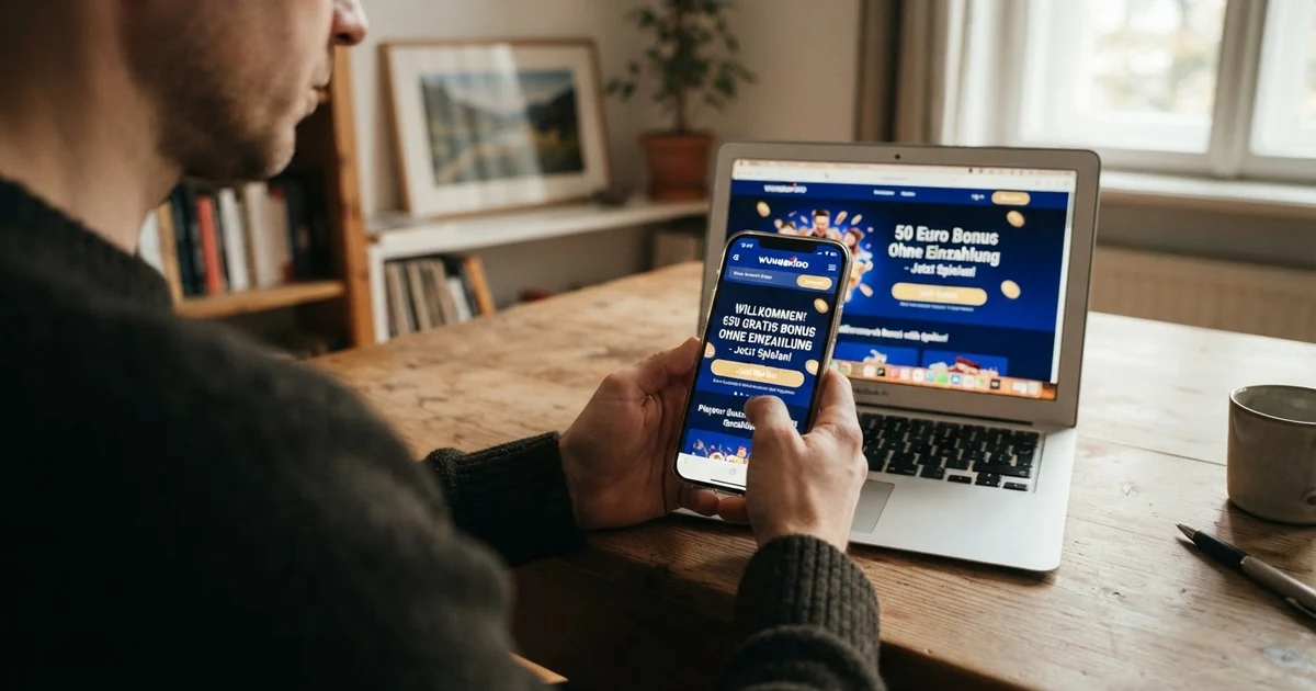 Ein Bildschirm mit einem Online-Casino, auf dem ein Willkommensbonus-Angebot hervorgehoben ist, daneben ein Smartphone mit derselben Casino-Startseite im mobilen Browser