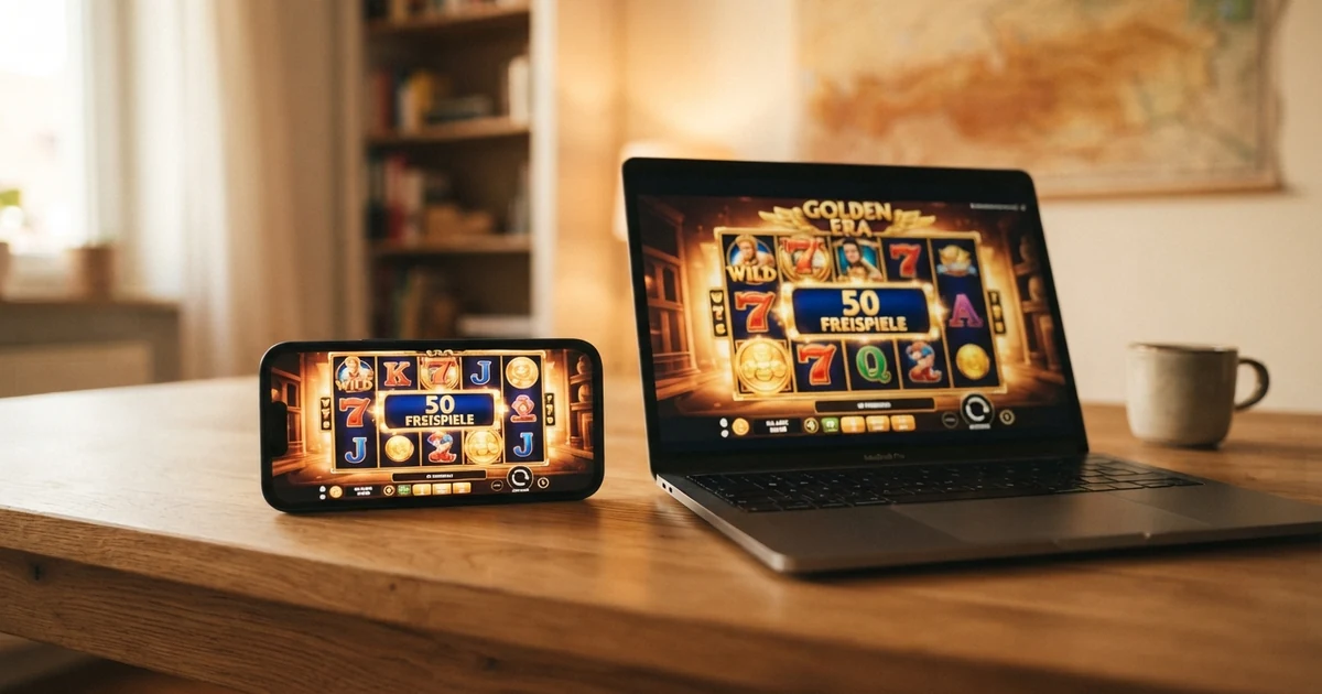 Ein Smartphone und ein Laptop zeigen nebeneinander die Walzen eines Online-Spielautomaten mit Freispiel-Symbolen; im Hintergrund eine Österreich-Karte