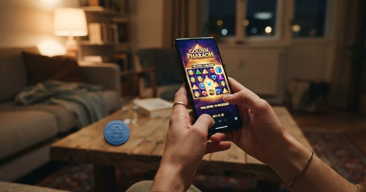 Smartphone mit geöffneter Casino-App, auf dem Bildschirm ein Slot mit dem Schriftzug „60 Freispiele“ und leuchtenden Walzensymbolen