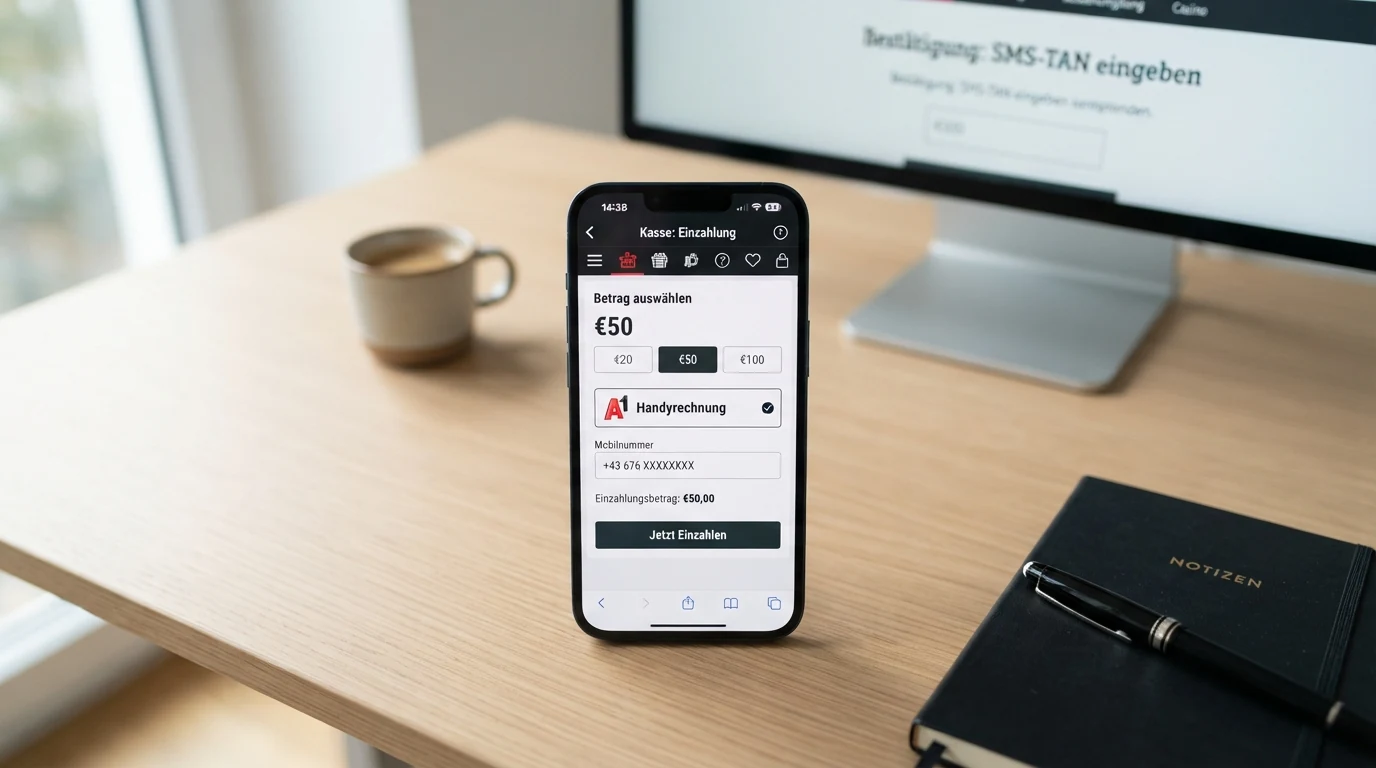 Eine Nahaufnahme des Smartphone-Displays zeigt den SMS-TAN-Bestätigungscode für eine Casino-Einzahlung, im Hintergrund ist die Casino-Kasse mit dem Betragsfeld zu sehen