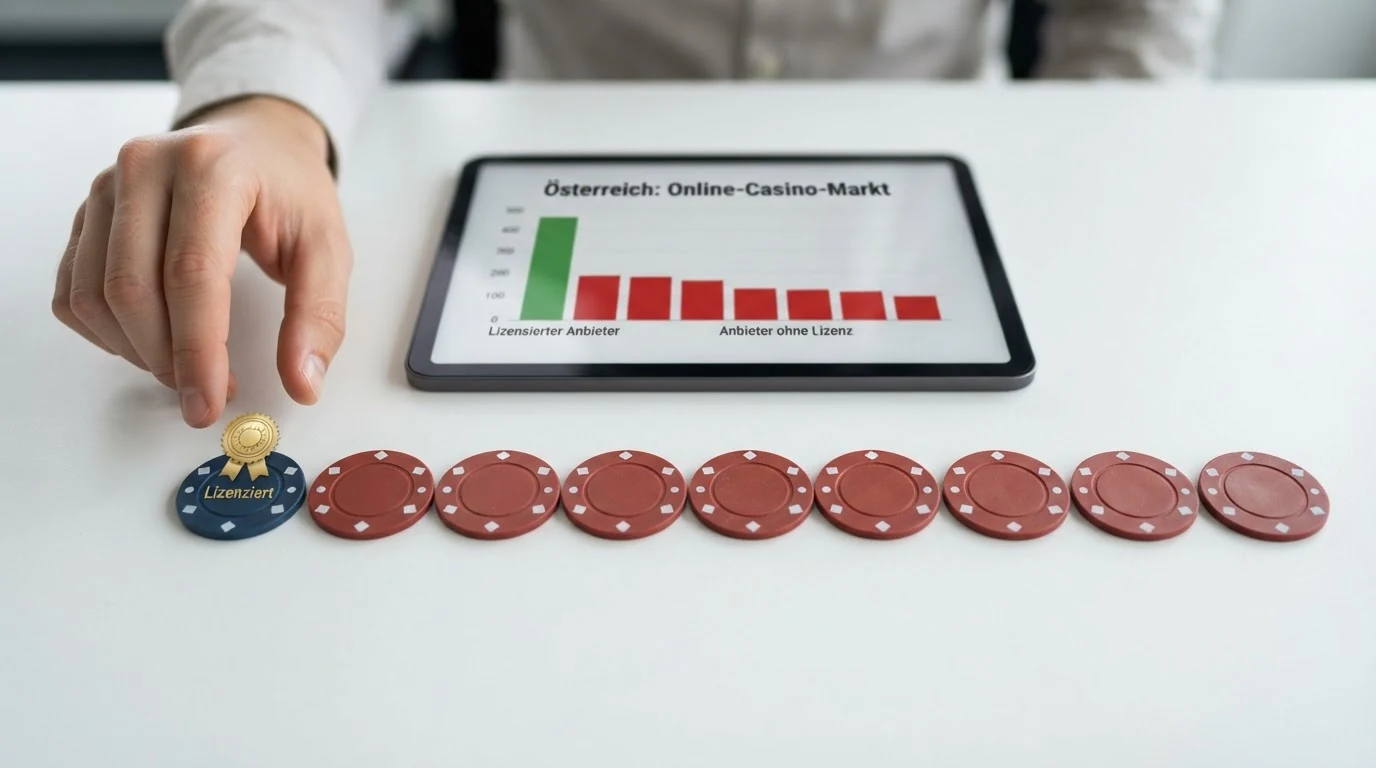 Eine strukturierte Übersicht mit Casino-Namen und farblich gekennzeichneten Lizenzstatus-Markierungen — grün für die österreichische Konzession, rot für Offshore-Lizenzen