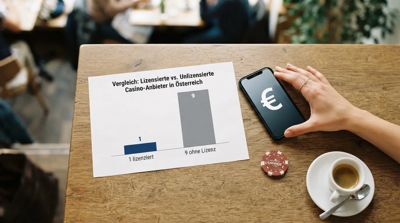 Zehn Casino-Logos in einer Vergleichstabelle, gruppiert nach lizenziertem und nicht-lizenziertem Status