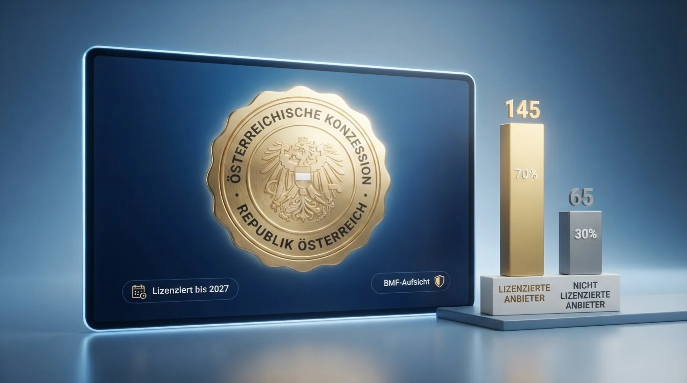 Eine Vergleichstabelle mit zehn Online-Casino-Anbietern, farblich markiert nach Lizenzstatus: ein Feld mit österreichischer Konzession, neun Felder mit EU-Lizenzen ohne österreichische Zulassung