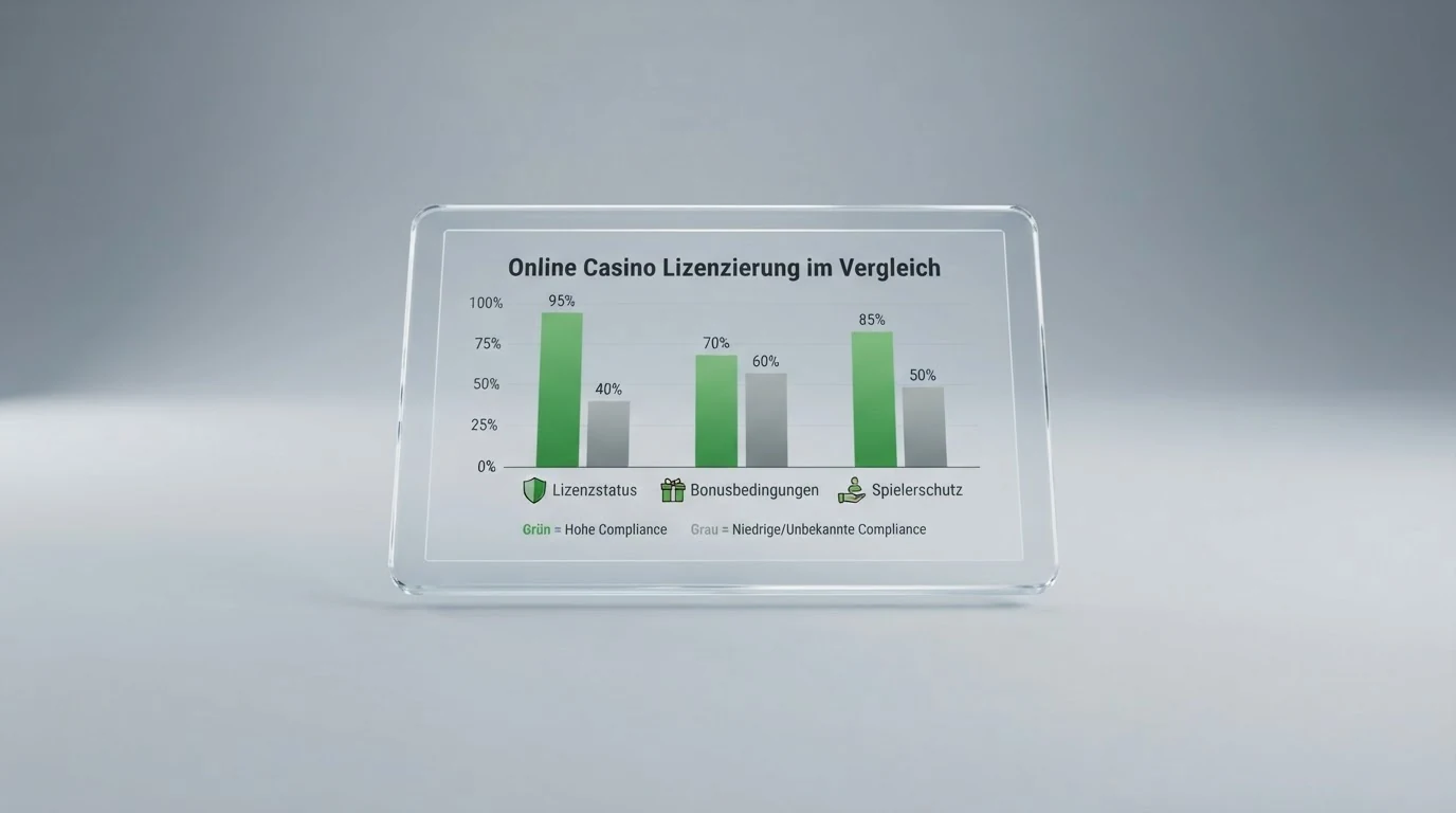 Eine Übersichtstabelle mit Casino-Logos, Bonus-Beträgen und farblich markierten Lizenz-Status — ein grüner Haken für die AT-Konzession, graue Markierungen für ausländische Lizenzen