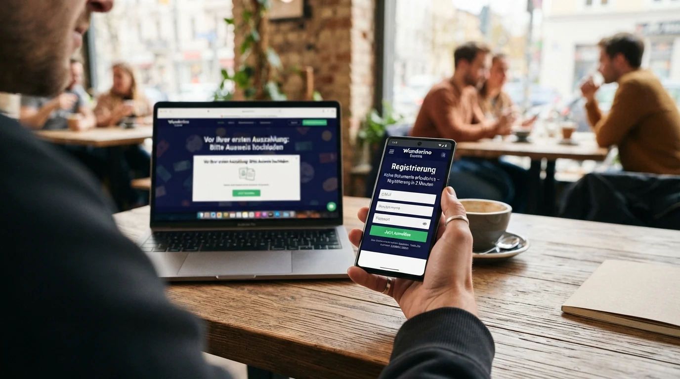 Ein Smartphone zeigt ein Casino-Registrierungsformular mit dem Hinweis „Keine Dokumente erforderlich — Registrierung in 2 Minuten“, daneben eine zweite Ansicht desselben Anbieters, diesmal mit dem Hinweis „Vor Ihrer ersten Auszahlung: Bitte Ausweis hochladen“