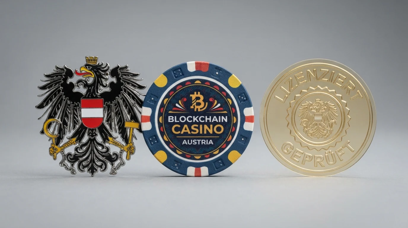 Stilisiertes österreichisches Wappen neben einem durchgestrichenen Casino-Chip mit ETH-Symbol
