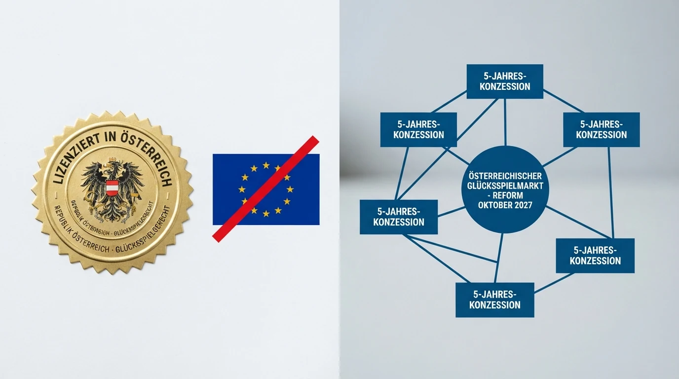 Eine grafische Gegenüberstellung: links das offizielle österreichische Konzessionssiegel neben einer durchgestrichenen EU-Flagge, rechts die Struktur des reformierten Marktes mit mehreren Lizenzblöcken.