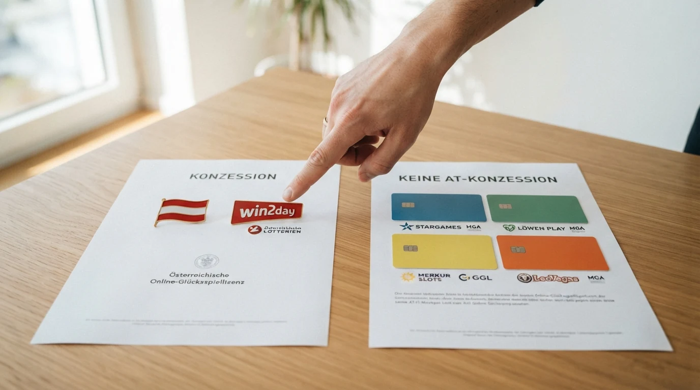 Schematische Gegenüberstellung: links das win2day-Logo mit AT-Flagge und dem Label „Konzession“, rechts mehrere Casino-Logos mit MGA/GGL-Symbolen und dem Label „Keine AT-Konzession“