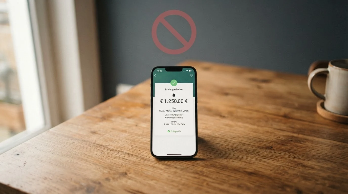 Ein Smartphone mit einer Auszahlungsbestätigung in einer Banking-App, dahinter schemenhaft ein rot durchgestrichenes Offshore-Casino-Logo