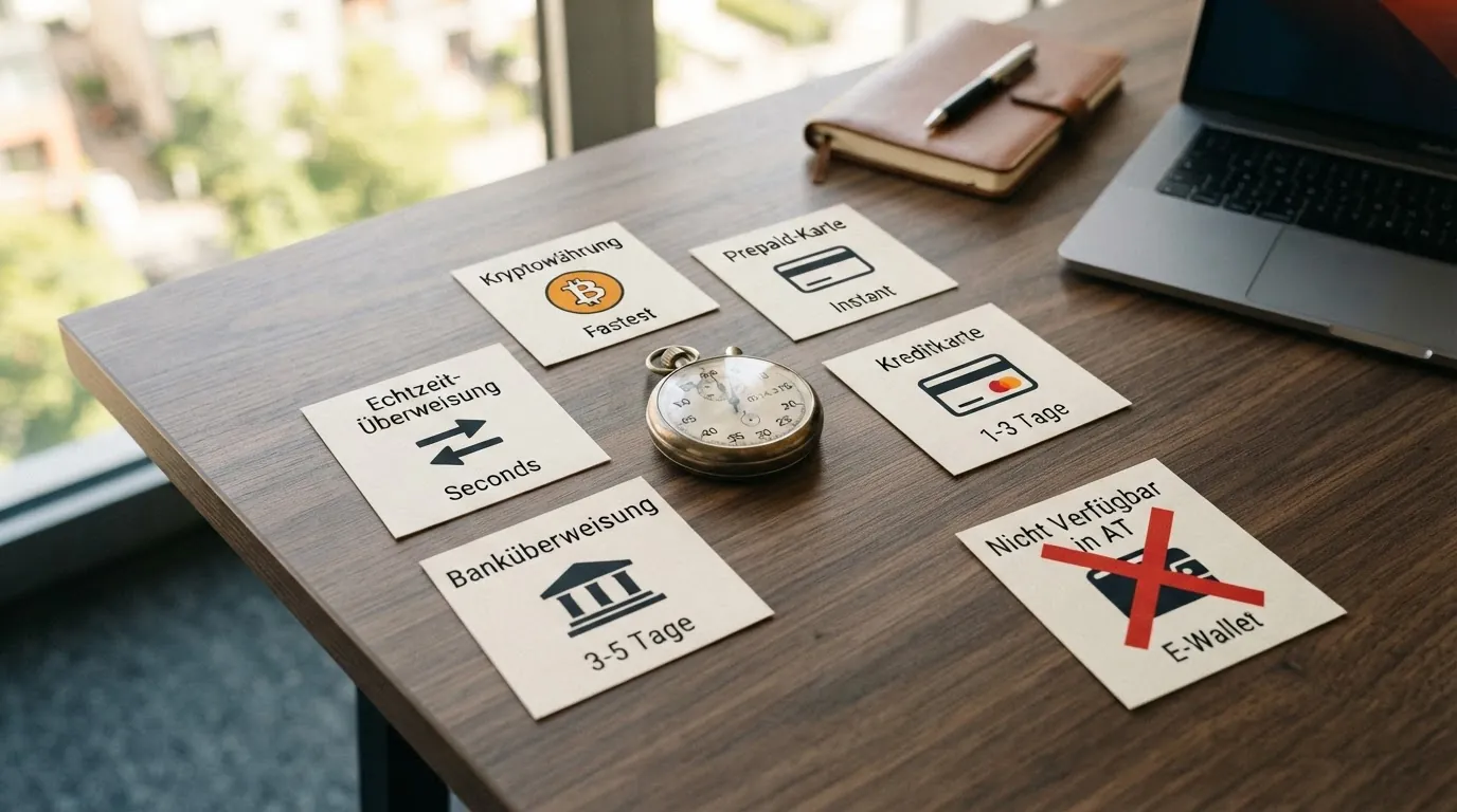 Sechs Zahlungssymbole (Bitcoin, Paysafecard, Trustly, Banküberweisung, Kreditkarte, Skrill) nebeneinander, darunter eine Stoppuhr mit unterschiedlichen Zeiten pro Symbol, ein durchgestrichenes PayPal-Logo