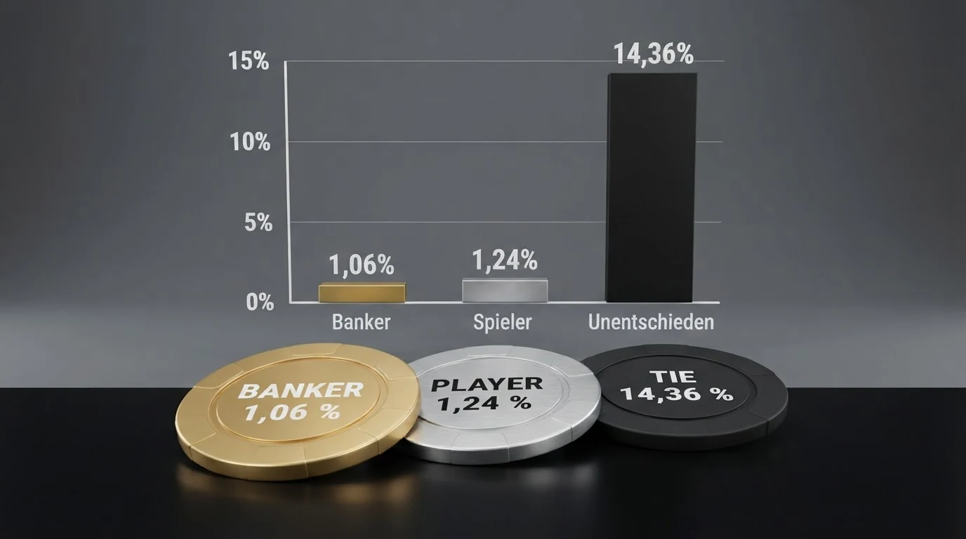 Übersichtliche Darstellung der drei Wettoptionen Banker (1,06 %), Player (1,24 %) und Tie (14,36 %) mit ihrem jeweiligen Hausvorteil