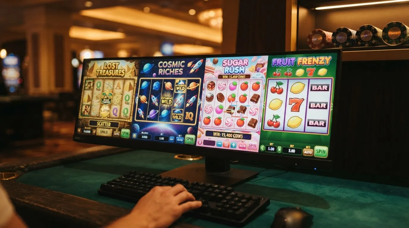 Vier Spielautomaten-Bildschirme nebeneinander: Book of Dead, Starburst, Sweet Bonanza und Fire Joker — die Symbole und Gewinntabellen im aktiven Spiel.