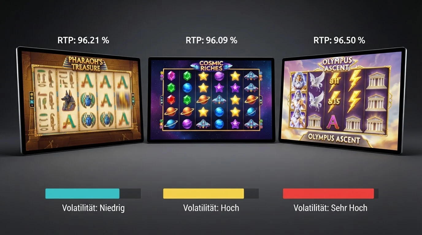 Drei Spielautomaten-Bildschirme nebeneinander — Book of Dead, Starburst und Gates of Olympus — mit eingeblendeten RTP-Prozentwerten und Volatilitätsbalken