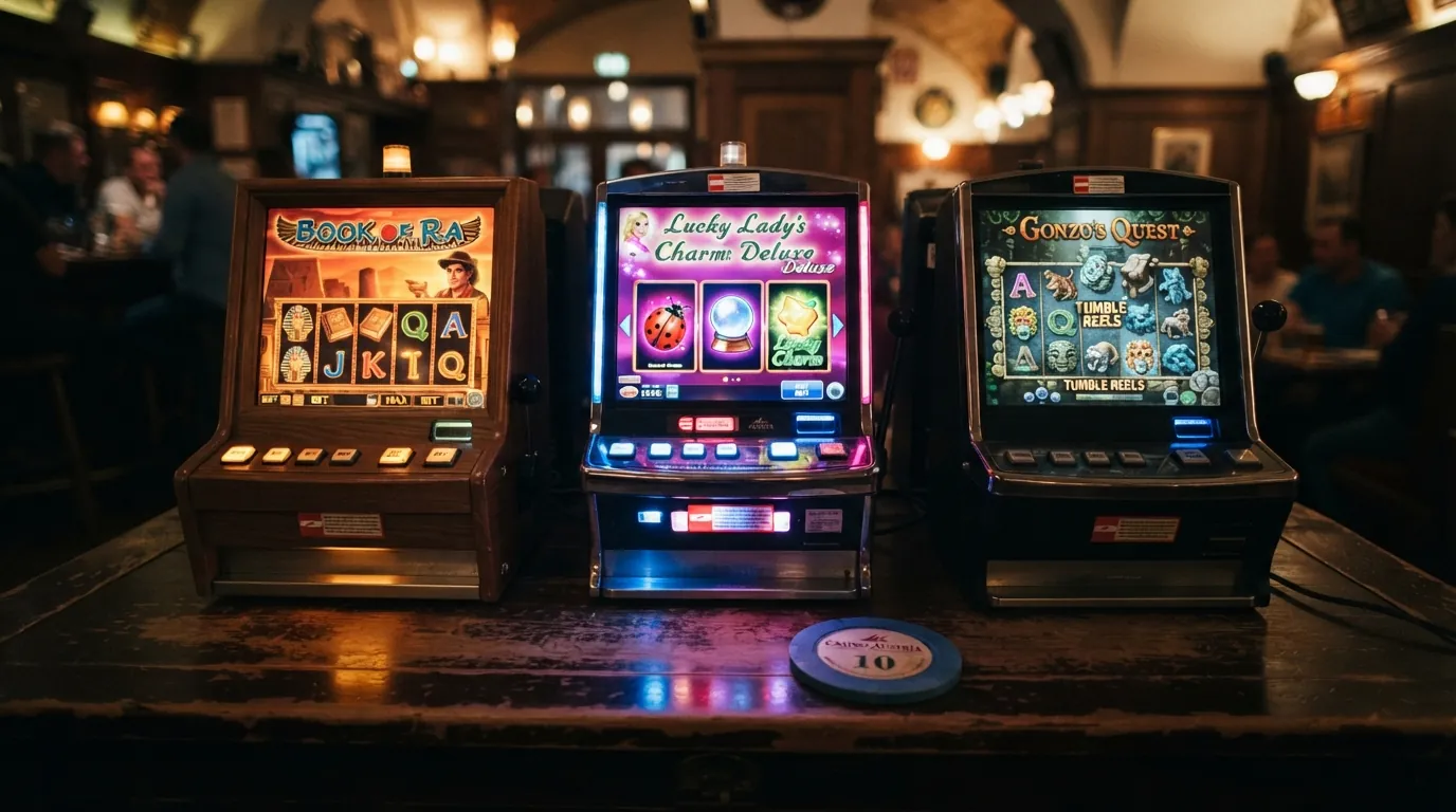 Eine Reihe bekannter Slot-Symbole — Book of Ra, Book of Dead und Gates of Olympus — in einem Raster mit eingeblendeten RTP-Prozentwerten