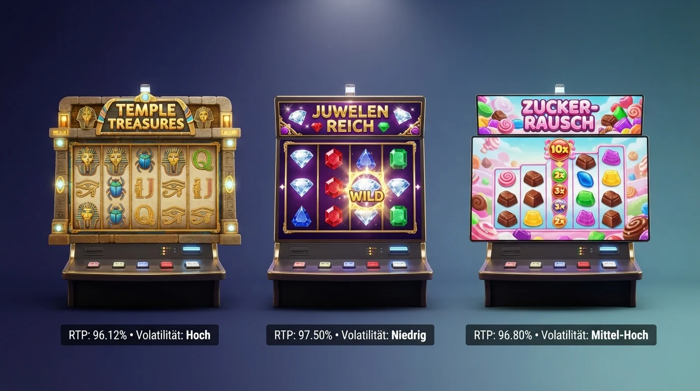 Drei Slot-Cover nebeneinander: Book of Dead, Starburst und Sweet Bonanza, jeweils mit einer kleinen Infobox darunter, die RTP-Prozentwert und Volatilitätsstufe anzeigt.