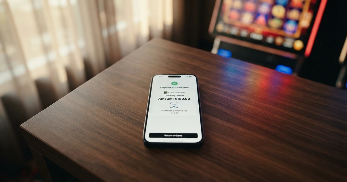 Ein iPhone zeigt die Apple-Pay-Zahlungsbestätigung mit Face-ID-Symbol, im Hintergrund eine Casino-Spiele-Lobby auf einem Bildschirm