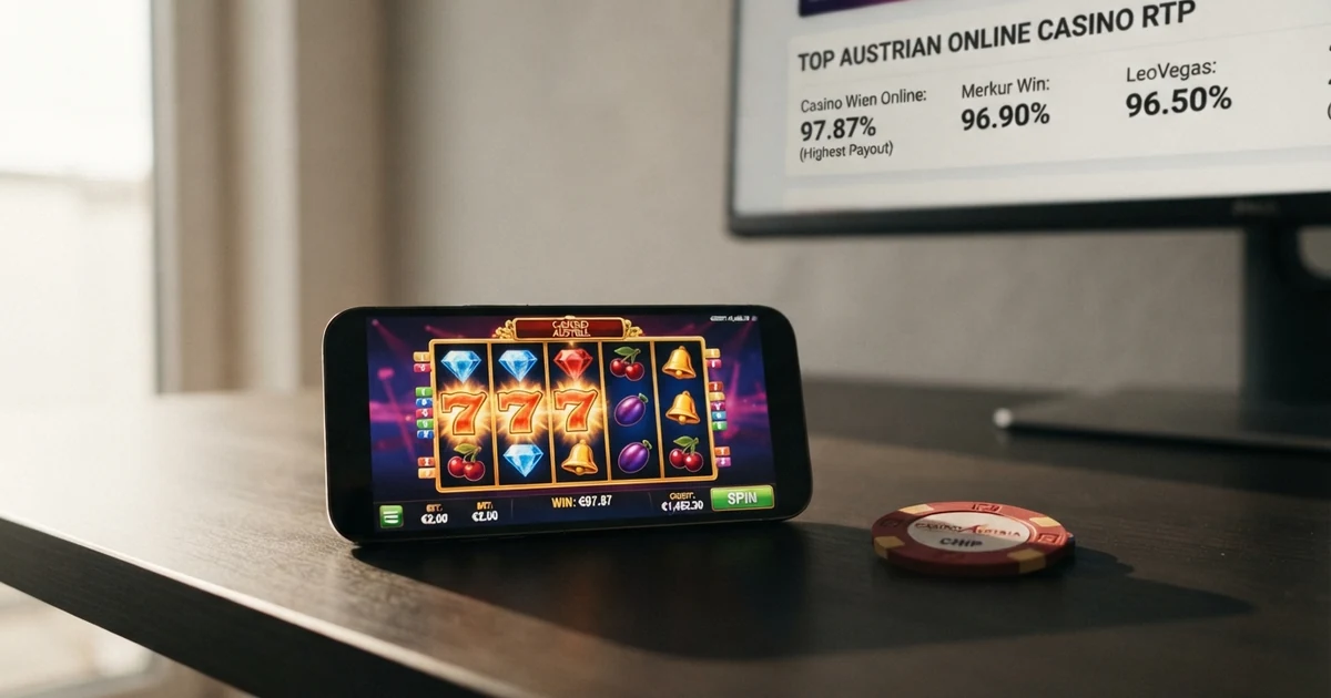 Ein Dashboard mit Casino-RTP-Vergleichswerten und hervorgehobener Prozentzahl, im Hintergrund Casino-Spielsymbole in gedämpftem Design