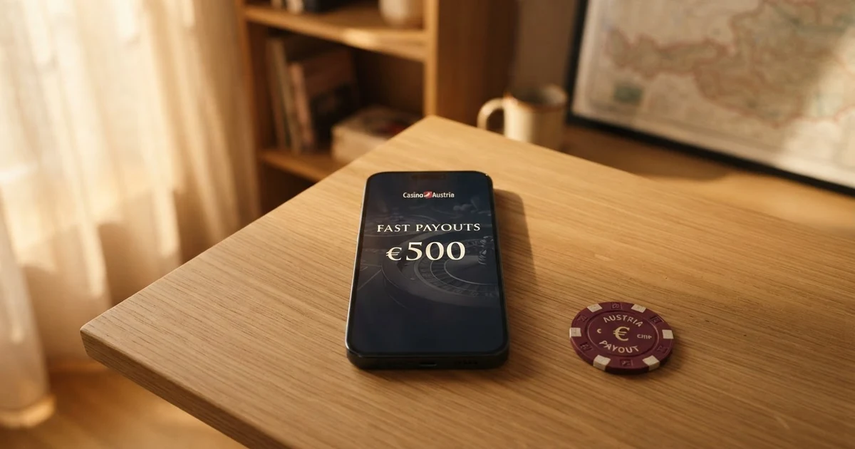 Eine schematische Darstellung des Online-Casino-Auszahlungsprozesses: Einzahlung, Spiel, Auszahlungsantrag, Casino-interne Prüfung, Transaktion und Gutschrift auf dem Bankkonto oder E-Wallet