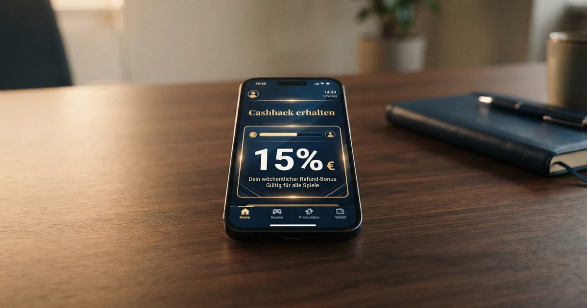 Ein Bildschirm mit einer Casino-Cashback-Anzeige, die einen prozentualen Rückerstattungsbetrag neben dem Nettoverlust eines Spielkontos darstellt.