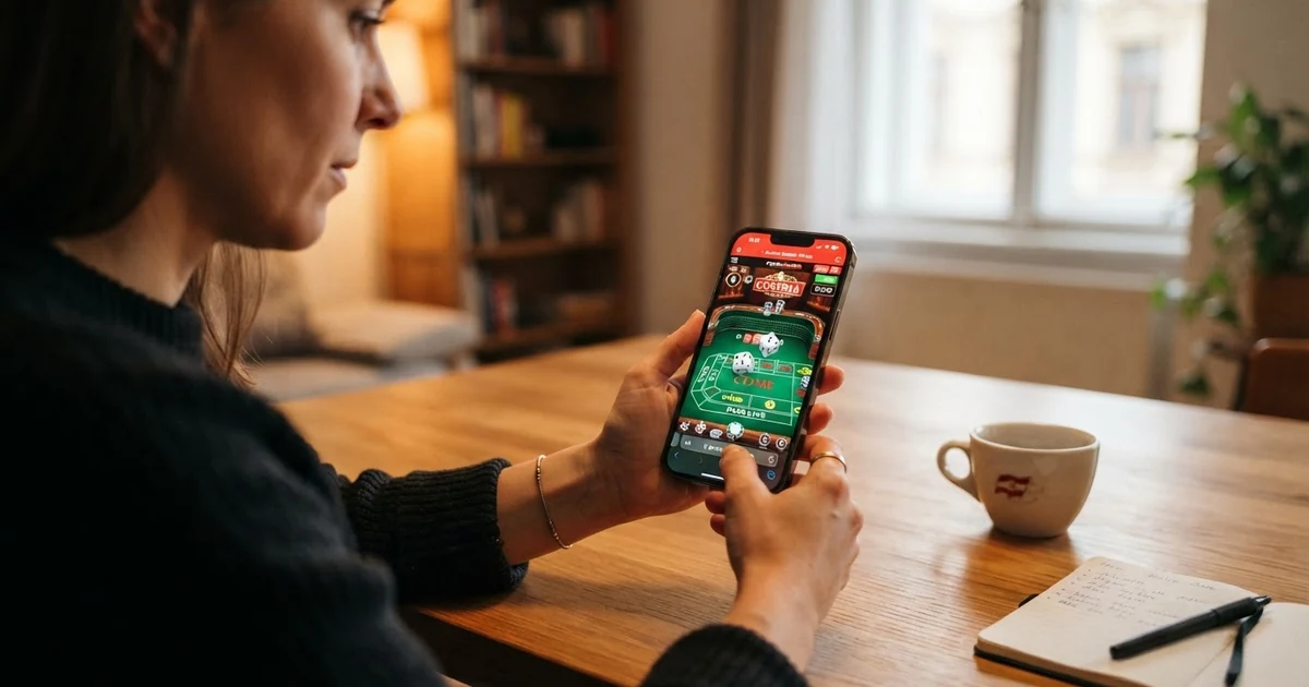 Ein Online-Craps-Tisch mit digitalen Wettbereichen, virtuellen Würfeln und Spielchips auf dem Bildschirm eines Casino-Portals
