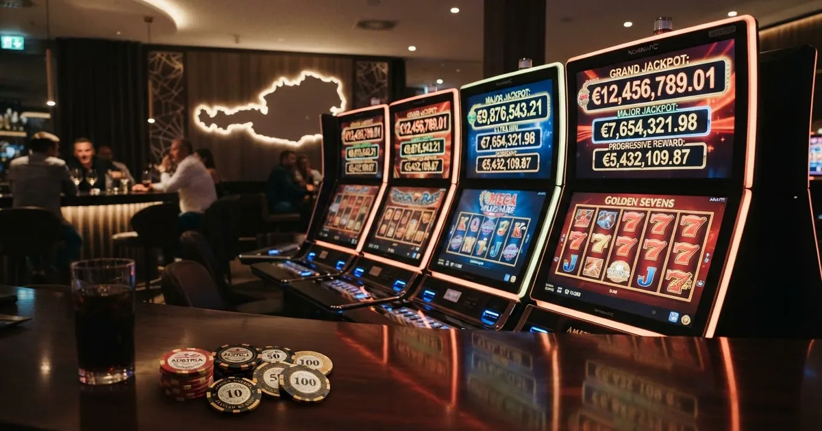 Mehrere progressive Jackpot-Slots verschiedener Hersteller auf Bildschirmen, mit sichtbaren Jackpot-Zählern die sieben- und achtstellige Euro-Beträge in Echtzeit anzeigen, über einem stilisierten Österreich-Umriss