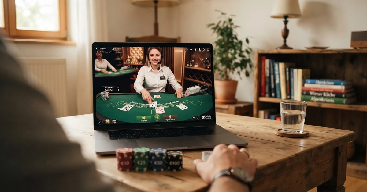 Live-Dealer am Blackjack-Tisch mit Karten, Chips und Bildschirm-Interface
