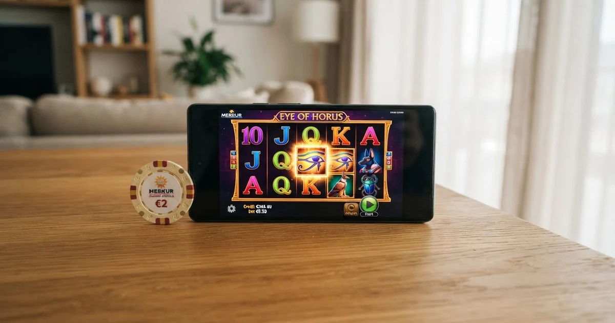 Eine Auswahl beliebter Merkur-Spielautomaten auf einem Bildschirm, darunter Eye of Horus, Blazing Star und Magic Mirror Deluxe II