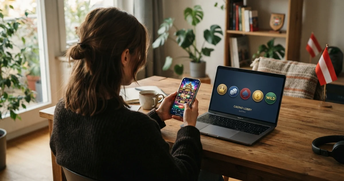 Eine Bildschirmansicht mit Logos internationaler Online-Casinos und einer stilisierten Österreich-Flagge, im Hintergrund ein Smartphone- und Laptop-Display