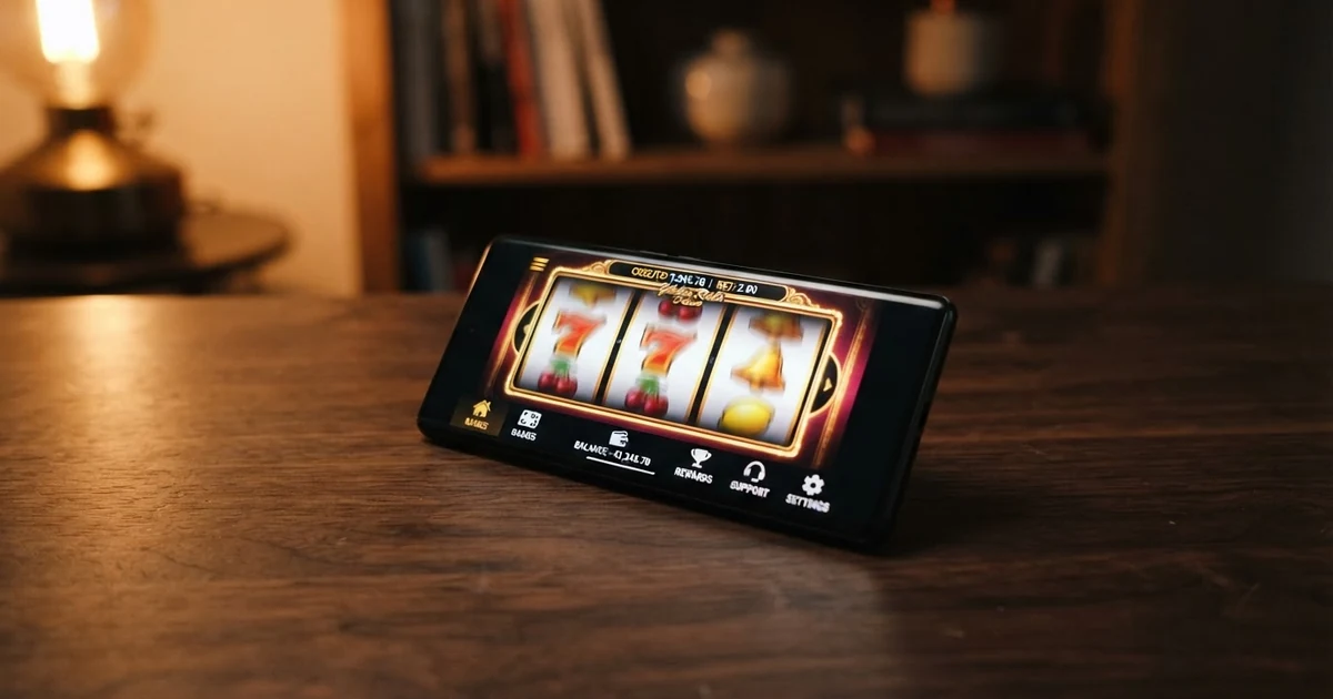 Smartphone-Bildschirm mit geöffneter Casino-App-Oberfläche, Spielautomaten-Walzen und Menüleiste sichtbar