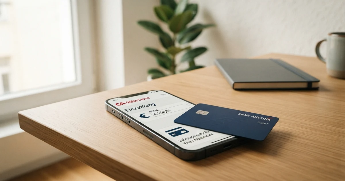 Eine Mastercard-Kreditkarte liegt auf einem Smartphone-Bildschirm, der die Kassen-Seite eines Online-Casinos mit Mastercard-Logo zeigt