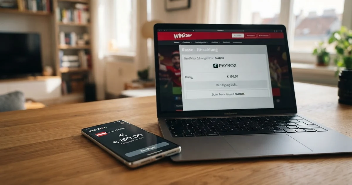 MuchBetter-App auf einem Smartphone-Bildschirm, daneben ein Laptop mit geöffneter Online-Casino-Kasse, in der MuchBetter als Zahlungsmethode ausgewählt ist