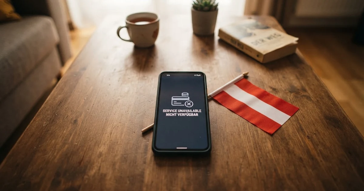 Ein gesperrtes PayPal-Logo auf dem Bildschirm eines Smartphones, daneben das Symbol der Österreich-Flagge