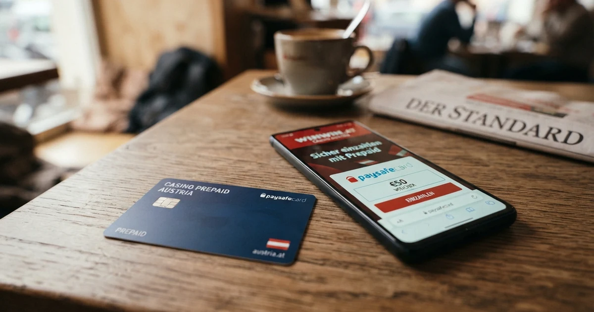 Eine Paysafecard mit sichtbarem 16-stelligem PIN-Feld neben einem Smartphone, das eine Casino-Startseite mit Paysafecard-Logo als Zahlungsoption zeigt