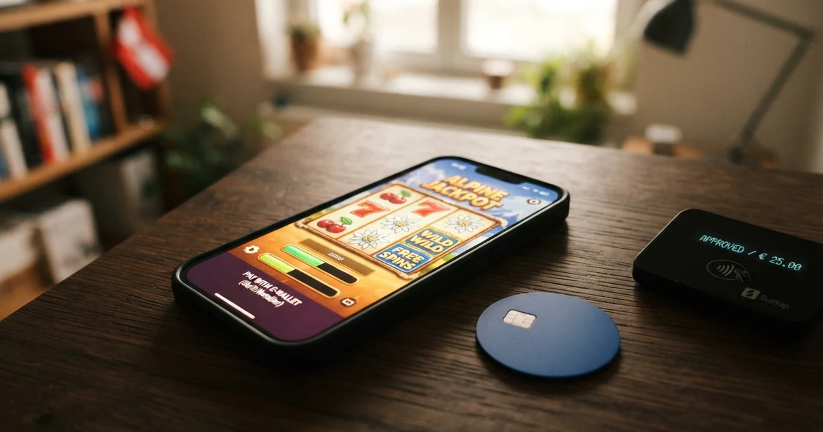 Skrill-Logo und E-Wallet-Dashboard auf einem Smartphone-Display, daneben Spielautomaten-Symbole eines Online-Casinos