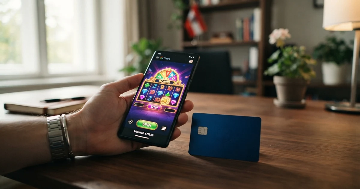 Visa-Kreditkarte vor einem geöffneten Laptop mit Online-Casino-Oberfläche, im Hintergrund dezente Österreich-Flagge