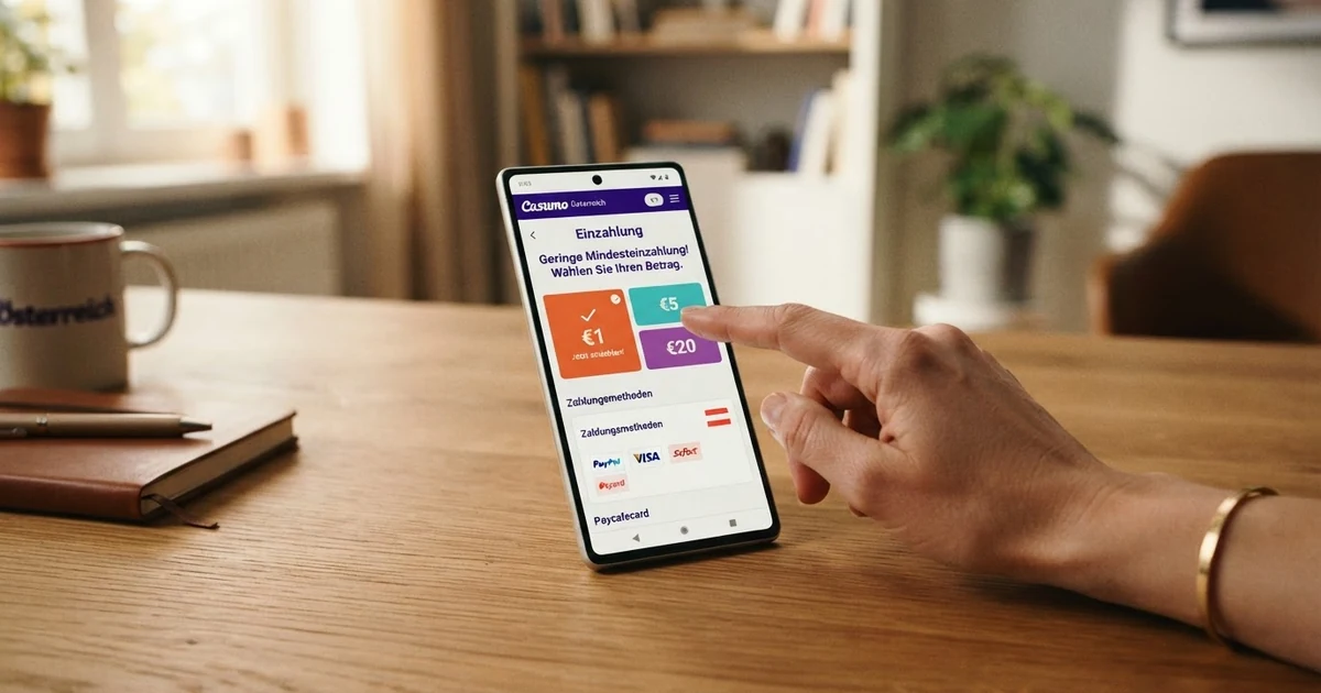 Ein Smartphone-Bildschirm mit der Einzahlungsmaske eines Online-Casinos, verschiedene Betrags-Schaltflächen von 1 bis 20 Euro sind sichtbar, eine Hand hält das Gerät