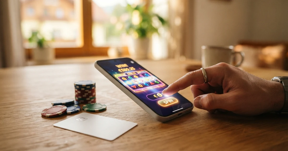 Ein Smartphone mit geöffneter Casino-App, Spielkarten und Euro-Scheinen auf einem Tisch