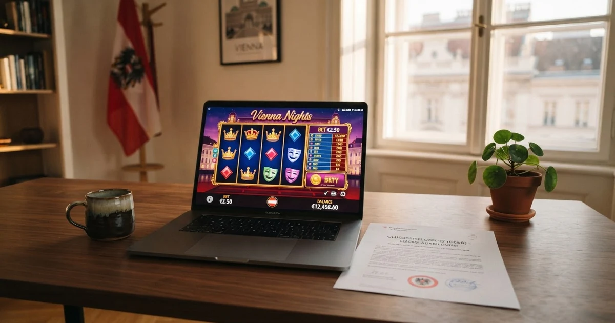 Schreibtisch mit Laptop, darauf geöffnete Casino-Website; im Hintergrund unscharf eine österreichische Flagge und ein Dokument mit Siegel, das eine offizielle Konzession symbolisiert