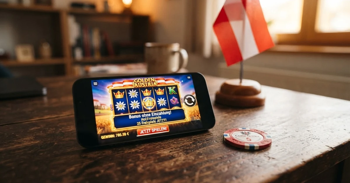 Online-Casino-Startbildschirm mit einem als „Bonus ohne Einzahlung“ gekennzeichneten Willkommensangebot, daneben das Symbol der österreichischen Flagge