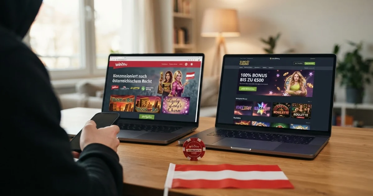 Geteilter Bildschirm: Links das win2day-Logo mit dem Schriftzug „Konzessioniert nach §14 GSpG“, rechts eine generische Casino-Startseite ohne Lizenz-Hinweis — im Vordergrund eine österreichische Flagge